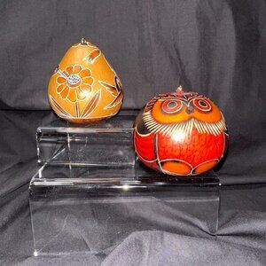 Handmade Small Gourd Ornaments Crafted in Lucuma Peru Set of 2 Owl Bird